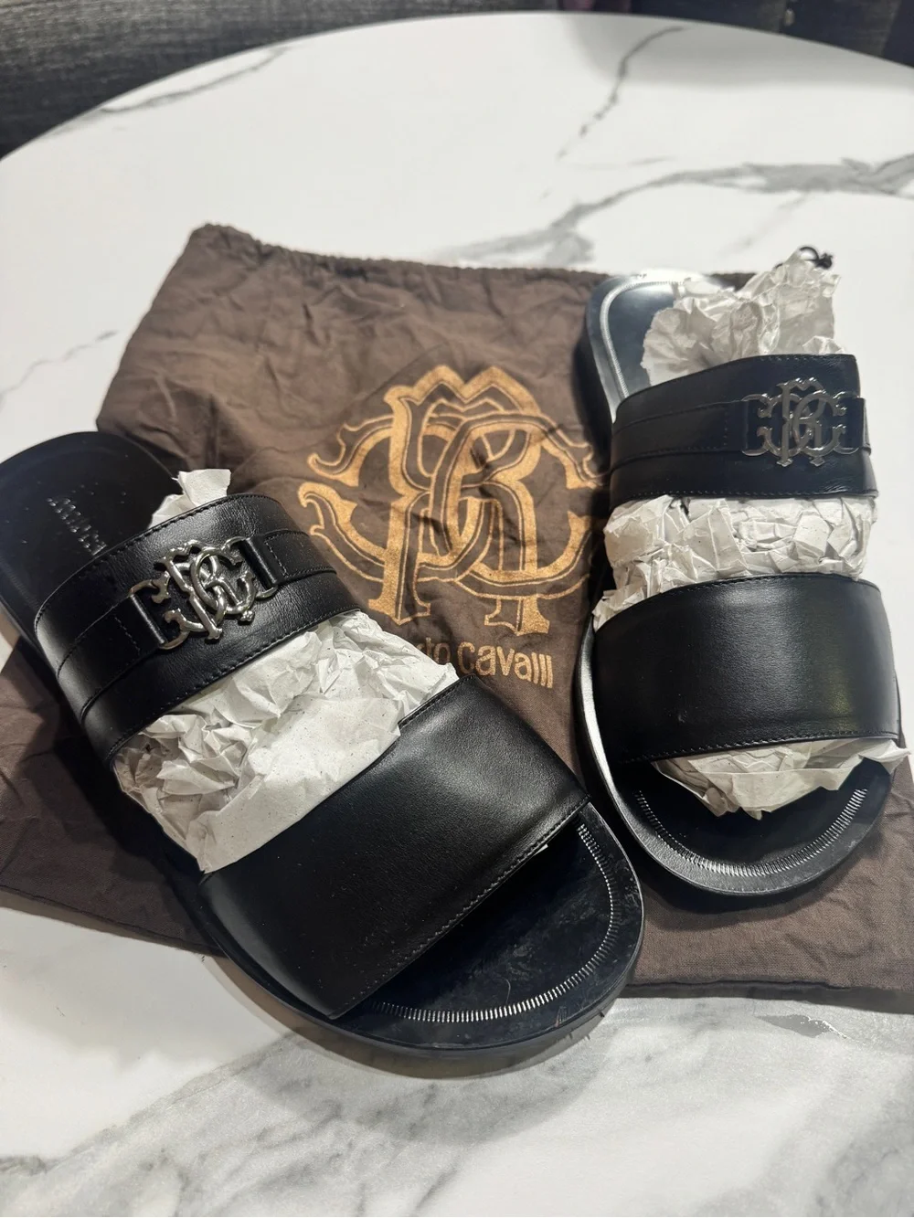 Roberto Cavalli Black Leather Slide Sandals with Metal Logo Accent